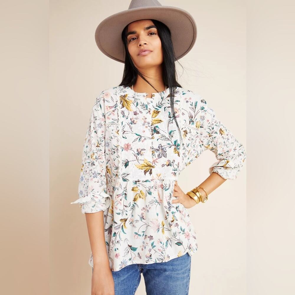 ANTHROPOLOGIE Ginevra Lace Babydoll Blouse Floral Print Long Sleeve Top Size XS